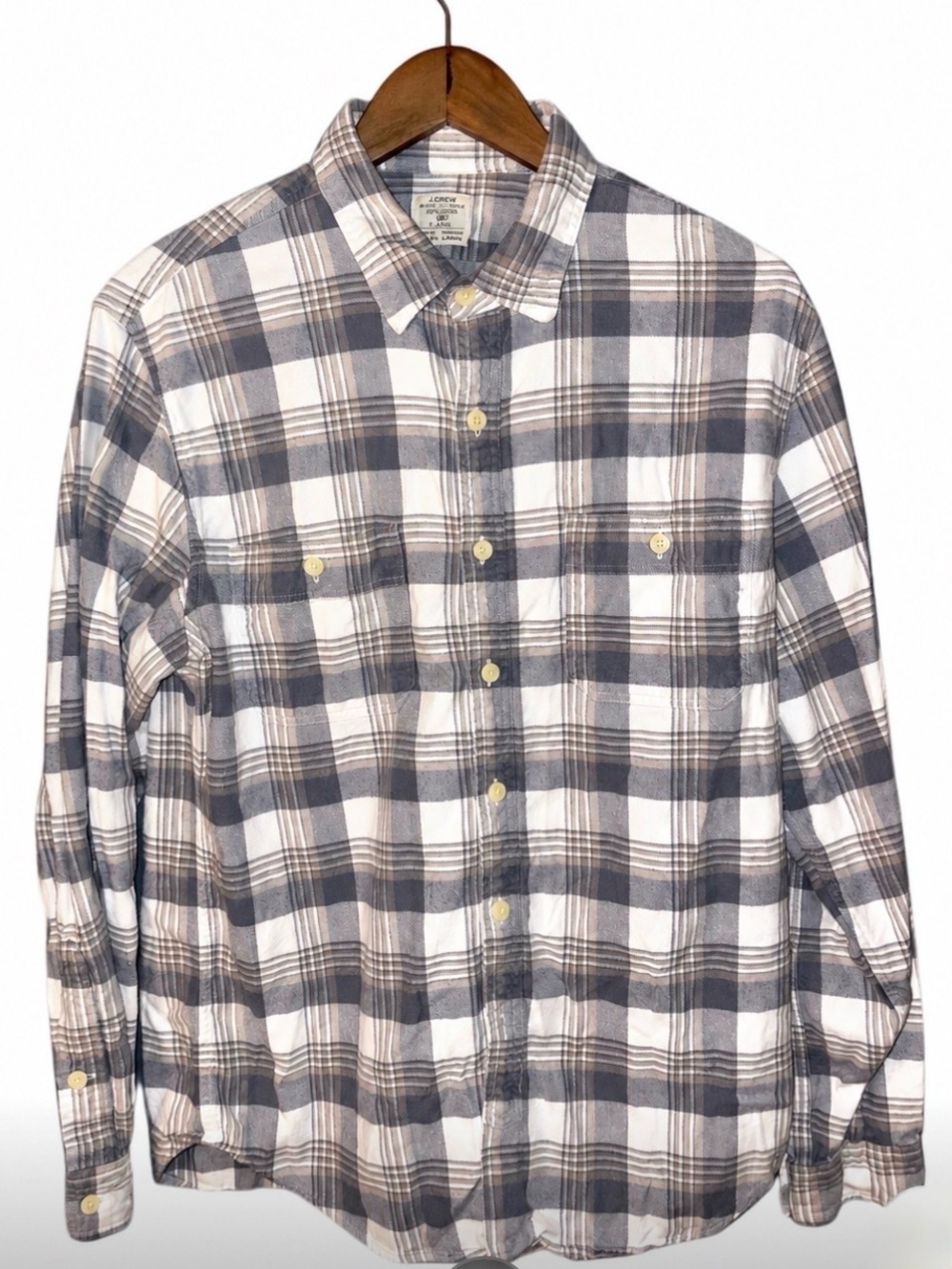 J.Crew Men's Large 100% Cotton Flannel Plaid Shirt Made in Portugal Blue Cream